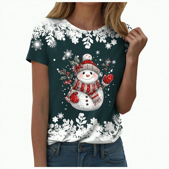 Duqingm Womens Christmas Shirts Short Sleeve Shirts for Women Round Neck T-shirt Lattice Christmas Tree Print T-shirt Short Sleeve T-Shirt Tops Dark Green,2XL