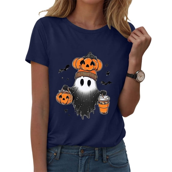 Duqingm Womens Halloween Shirts Cute Ghost Shirts Halloween Pumpkin T-Shirt Spooky Season Tee Fall Graphic Short Sleeve Tee,L