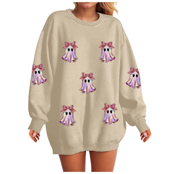 Duqingm Womens Halloween Sweatshirt Crewneck Cute Ghost Graphic Long Sleeve Fleece Pullover Sweatshits Oversized Fall Outfits,M