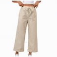 thumbnail image 1 of Duqingm Womens Lounge Pants Women's Striped Wide Leg Low Rise Linen Pants Drawstring Elastic Waist Long Trousers with Pockets Beige,S, 1 of 6