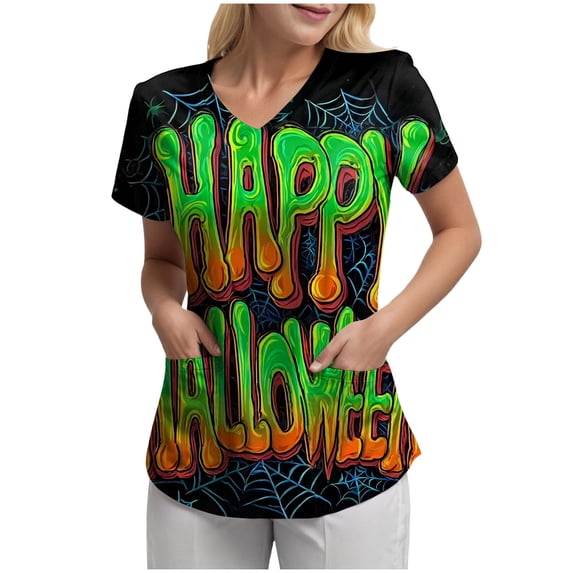 Duqingm Womens Short Sleeve Tops 2026 Trendy Summer T Shirt Casual V Neck Pullover Button Printed Blouse Halloween Tees,2XL