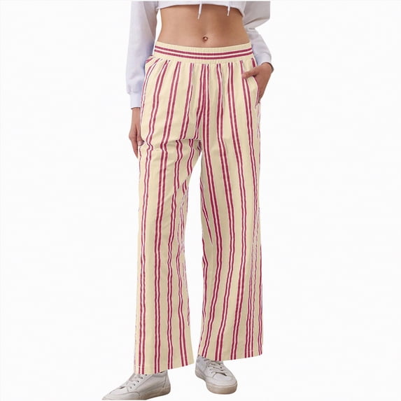 Duqingm Womens Spring Pants Women Casual Drawstring Elastic Waist Striped Wide Leg Pants with Pockets Beige,S