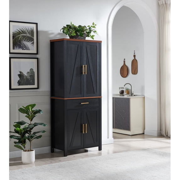 Duquette 72" Freestanding Kitchen Storage Pantry With Adjustable Shelves & Drawer, Black & Walnut Wood