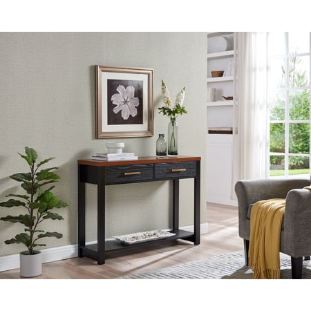 Duquette Console Sofa Table With 2 Storage Drawers & Open Shelf, Black & Walnut