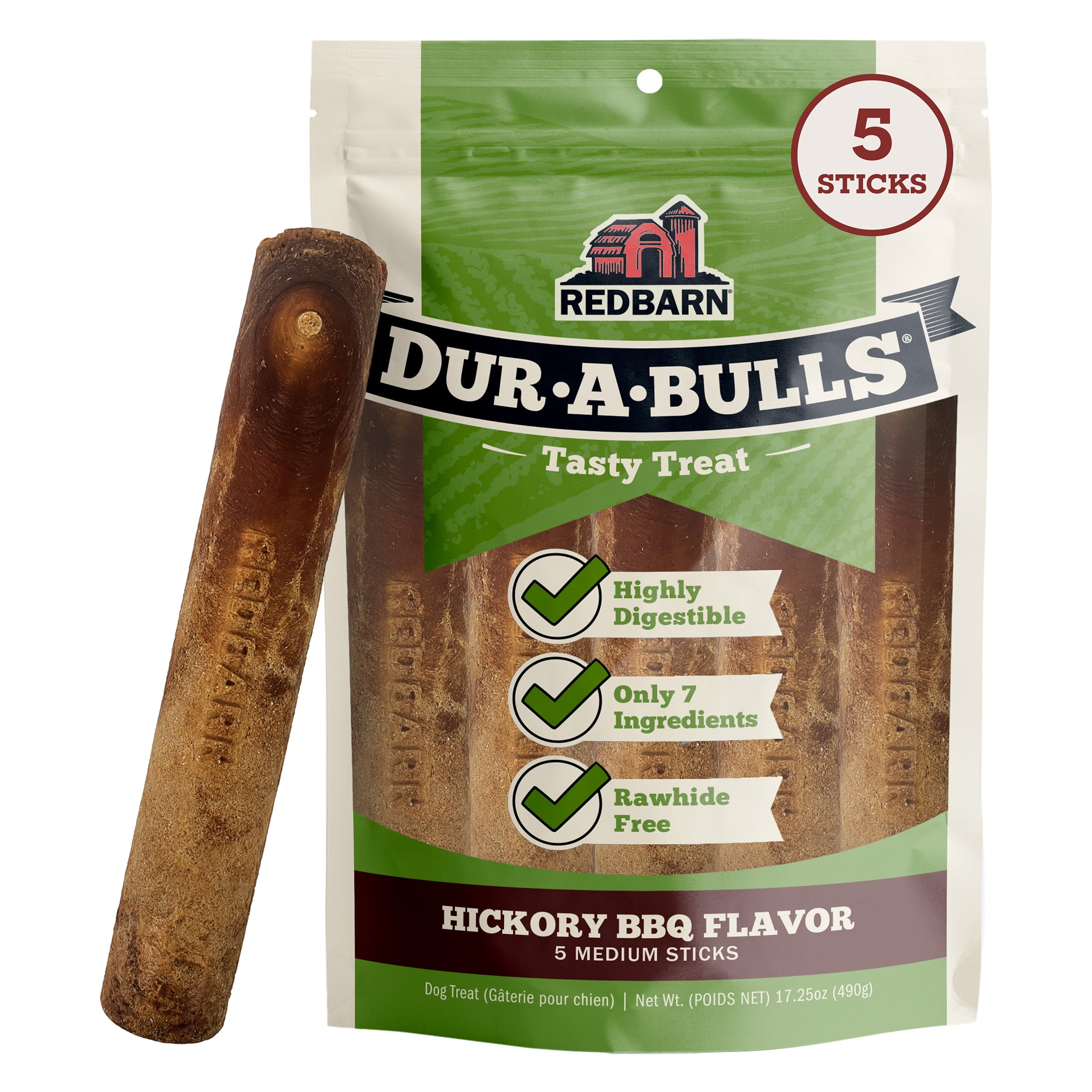 Redbarn Dur-A-Bulls Dog Chews, Medium Stick Hickory BBQ Flavor, 5-Count