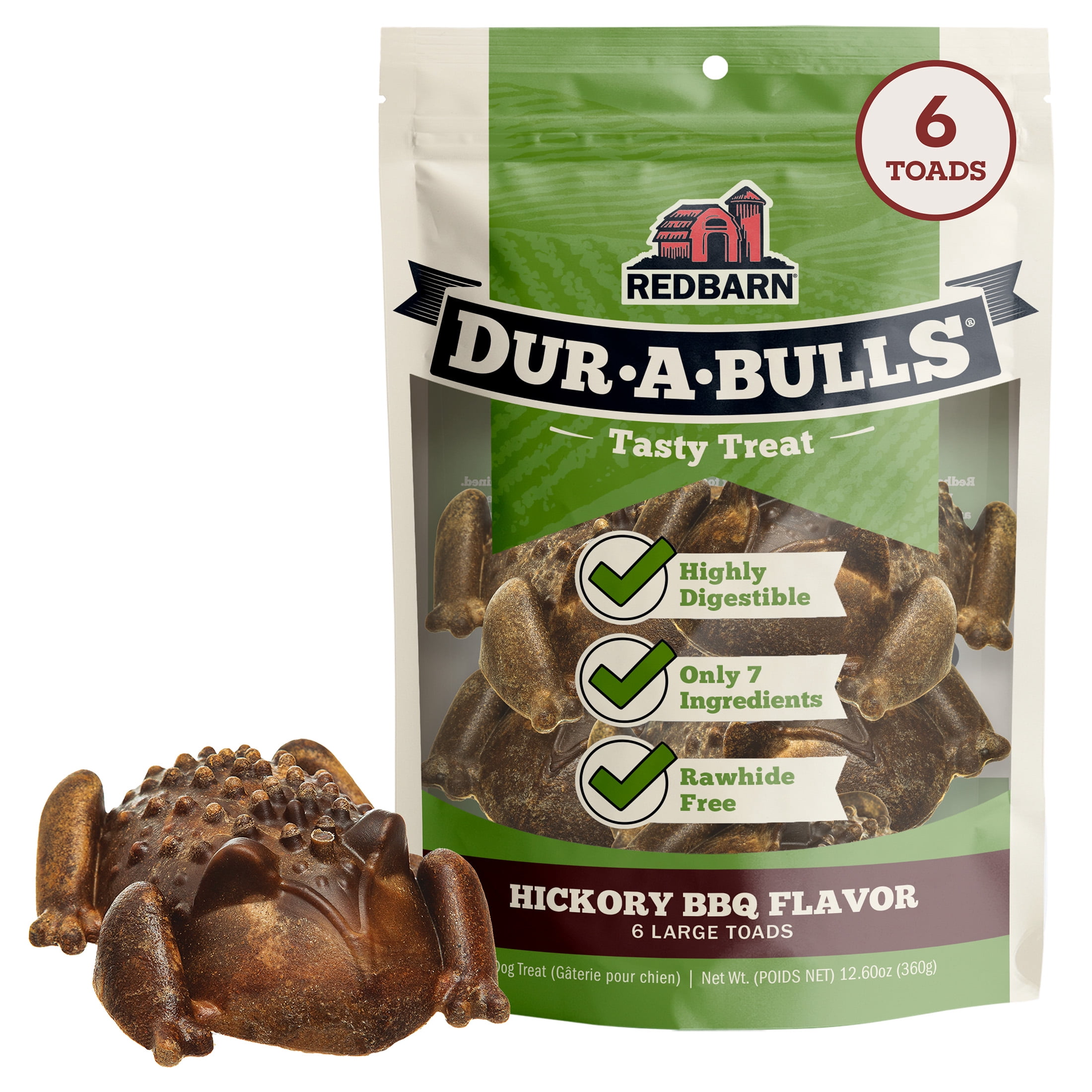 Redbarn Dur-A-Bulls Dog Chews, Large Toad Hickory BBQ Flavor, 6-Count