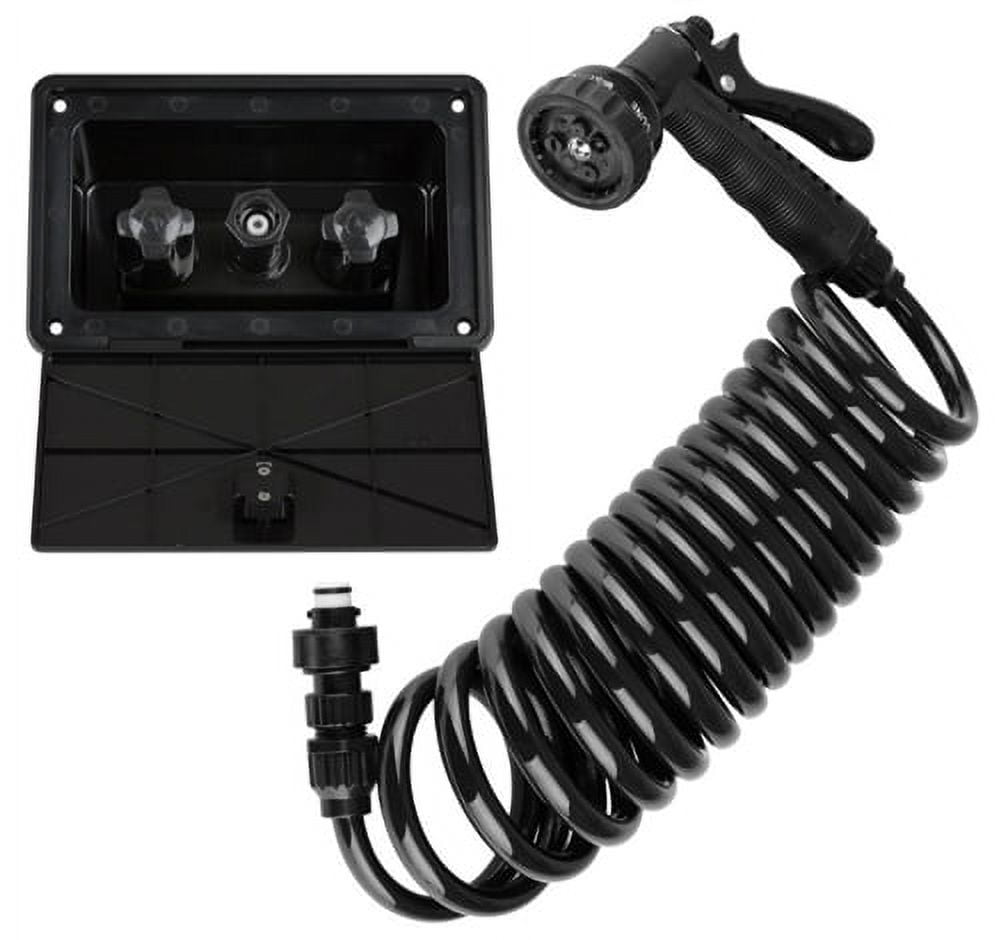 Black Wall Mounted RV Exterior Spray Port Kit with Multi-Spray Hose