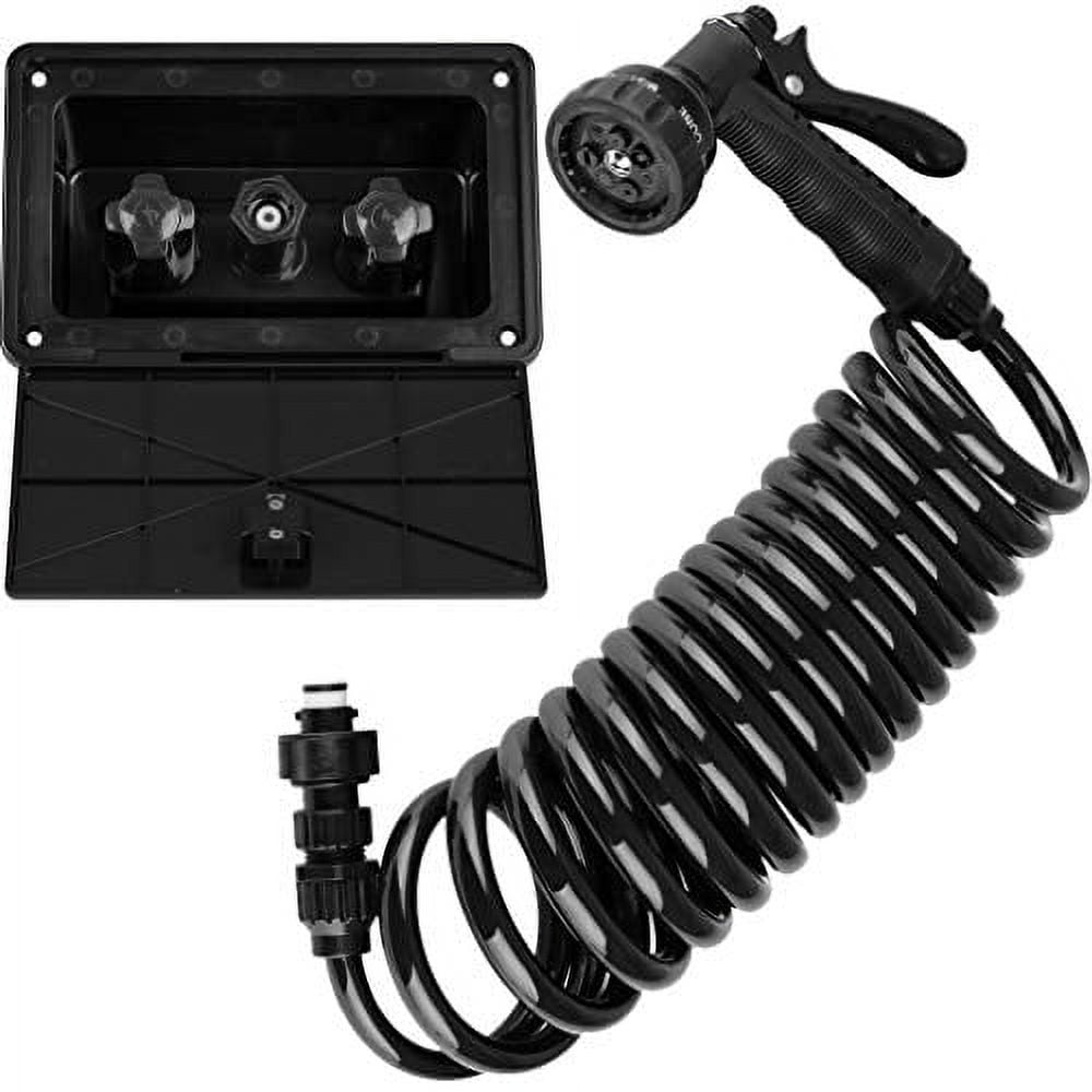 Black Wall Mounted RV Exterior Spray Port Kit with Multi-Spray Hose