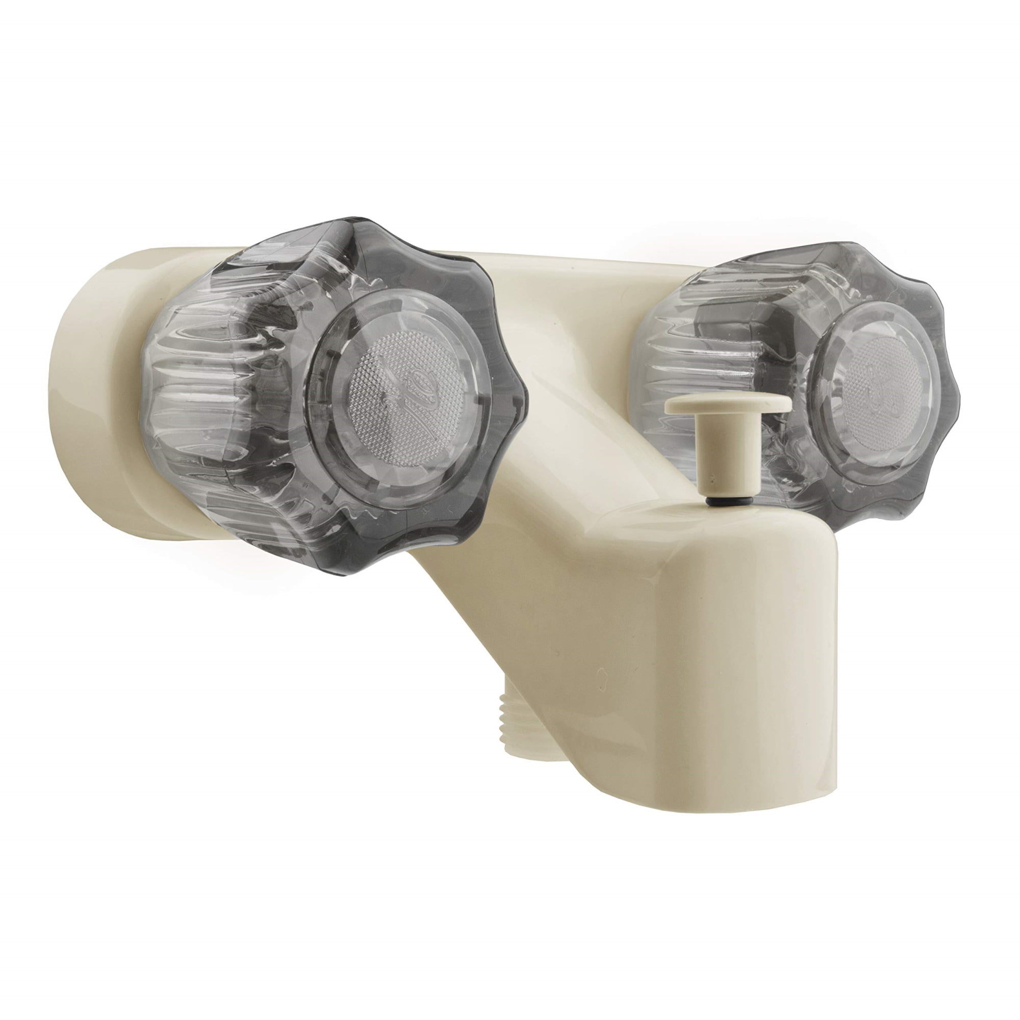 Bisque Parchment Wall-Mounted Tub & Shower Faucet with Smoked Acrylic Knobs