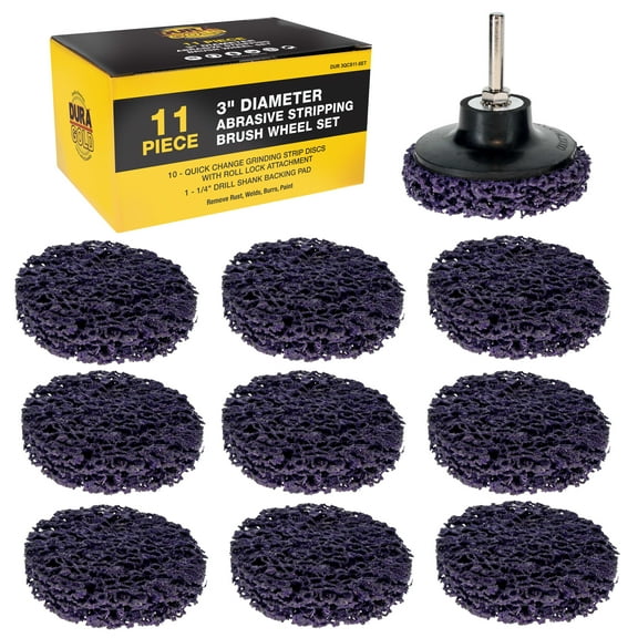 Dura-Gold 11-Piece 3" Diameter Abrasive Stripping Brush Wheel Set - 10 Each Quick Change Grinding Strip Discs with Roll Lock Connection, 1/4" Drill Shank Backing Pad - Remove Rust, Welds, Paint