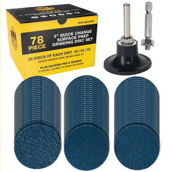 Dura-Gold 2" 78 Piece Quick Change Surface Prep Grinding Disc Set, 25 Discs Each 36, 60 and 80 Grit, Plus Backing Pad & Shanks - R-Type Connection Sandpaper Sanding Discs Zirconia Coarse Cut