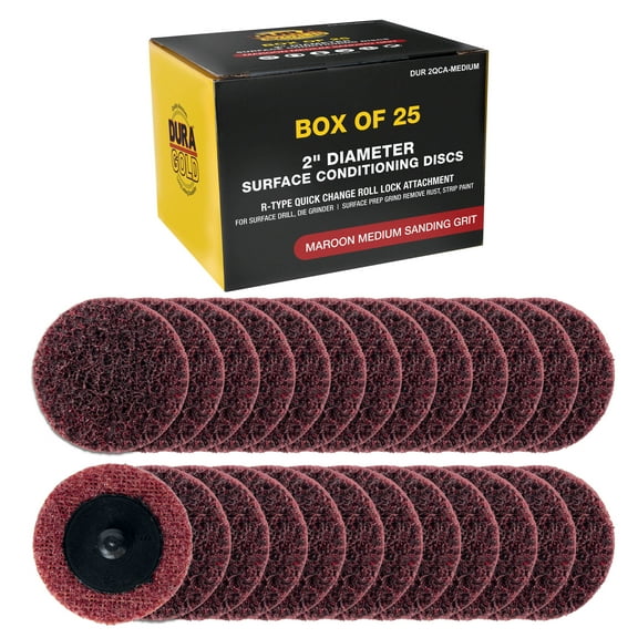 Dura-Gold 2" Diameter Surface Conditioning Discs Maroon Medium Sanding Grit (Box of 25) - R-Type Quick Change Roll Lock Connection - Surface Prep Remove Rust, Strip Paint, For Drill, Die Grinder