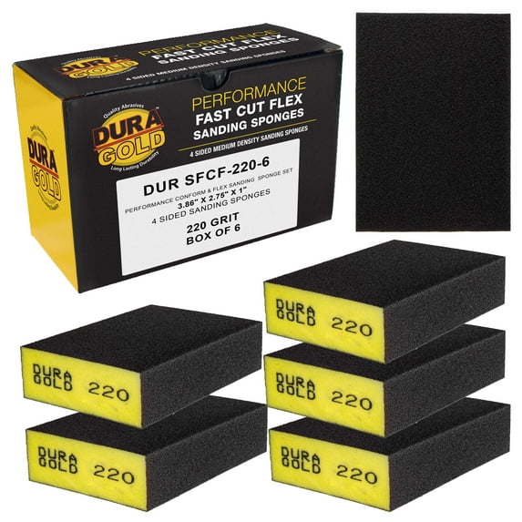Dura-Gold 220 Grit 4-Sided Hand Sanding Block Sponges, Box of 6 - Performance Flex 3.9" x 2.75" x 1" Wet or Dry Flexible Sandpaper Abrasive Brick Pads, Reusable - Sand Wood, Drywall, Auto Paint