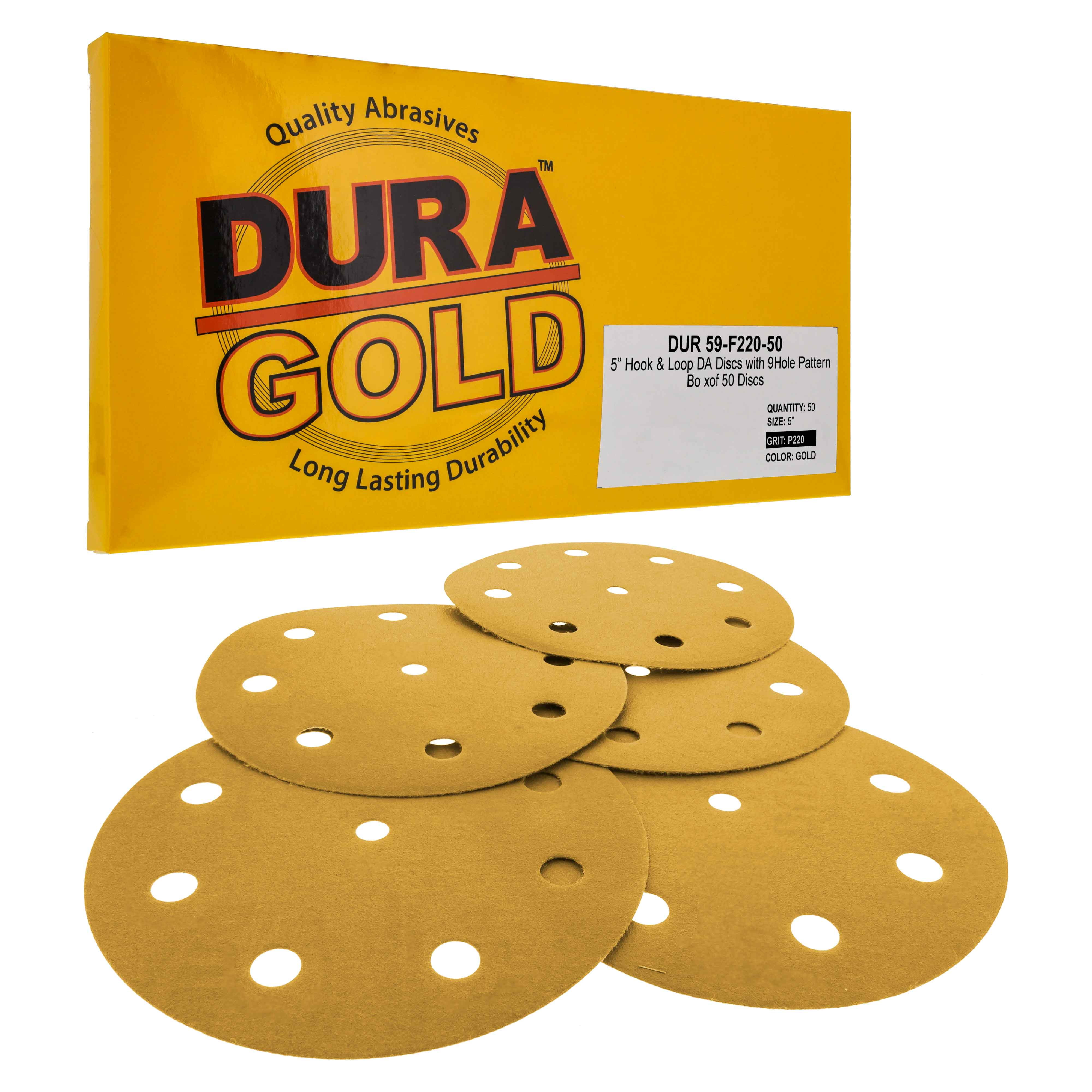 DuraGold Premium 5" Gold Sanding Discs 220 Grit (Box of 50) 9 Hole