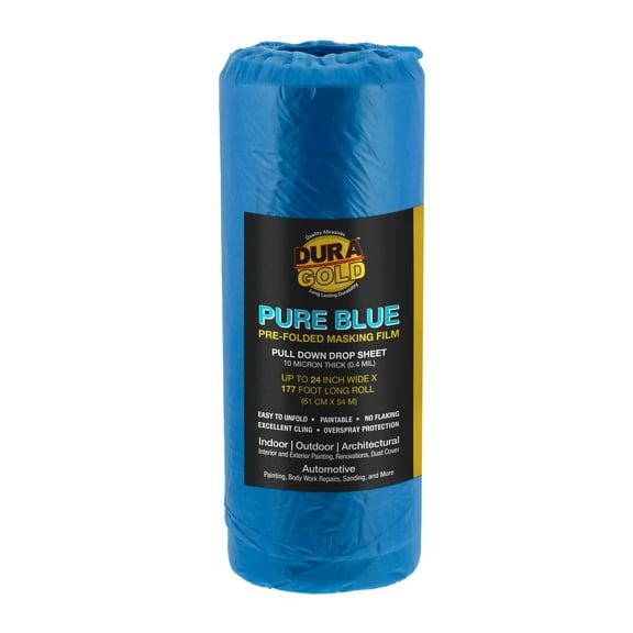 Dura-Gold 24" Wide x 177' Long Roll of Pure Blue Pre-Folded Making Film, 0.4 Mil Overspray Paintable Plastic Protective Sheeting, Pull Down Drop Sheet - Auto Painting, Cover Cloth Home Walls Furniture