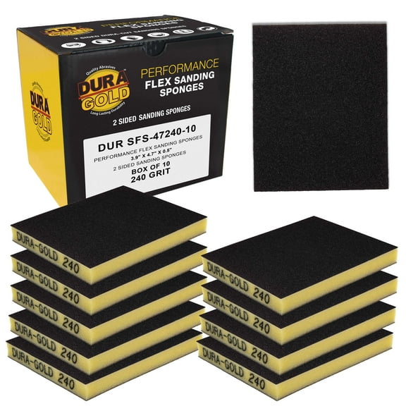 Dura-Gold 240 Grit Double-Sided Sanding Sponges, Box of 10 - Performance Flex 4.7" x 3.9" Wet or Dry Flexible Softback Sandpaper Sponges, Hand Sanding Abrasive Block Pad