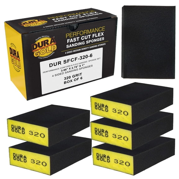 Dura-Gold 320 Grit 4-Sided Hand Sanding Block Sponges, Box of 6 - Performance Flex 3.9" x 2.75" x 1" Wet or Dry Flexible Sandpaper Abrasive Brick Pads, Reusable - Sand Wood, Drywall, Auto Paint