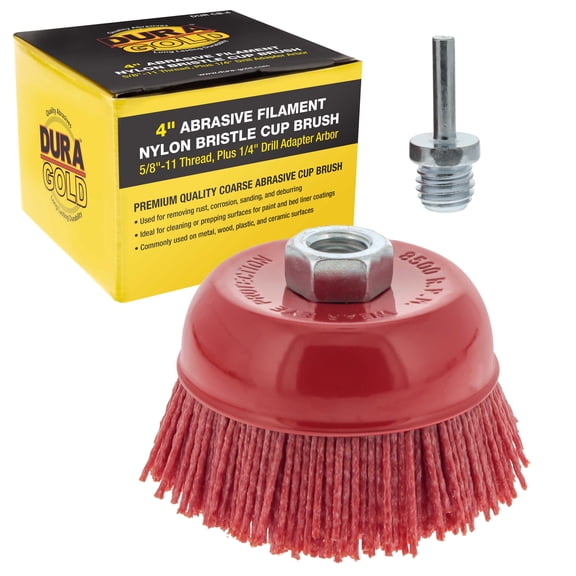 Dura-Gold 4" Abrasive Filament Nylon Bristle Cup Brush - Coarse Sanding Scuffing Brush, 5/8" 11 Thread, 1/4" Drill Arbor - Remove Rust, Corrosion, Paint - Surface Prepping for Truck Bed Liner