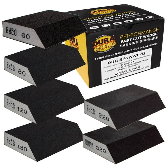 Dura-Gold 4-Sided Hand Sanding Block Sponges with Angled Edge, Variety Pack, Box of 12, Grits 60, 80, 120, 180, 220, 320 - 3.9" x 2.75" x 1" Wet or Dry Flexible Sandpaper Wood Drywall Metal Paint