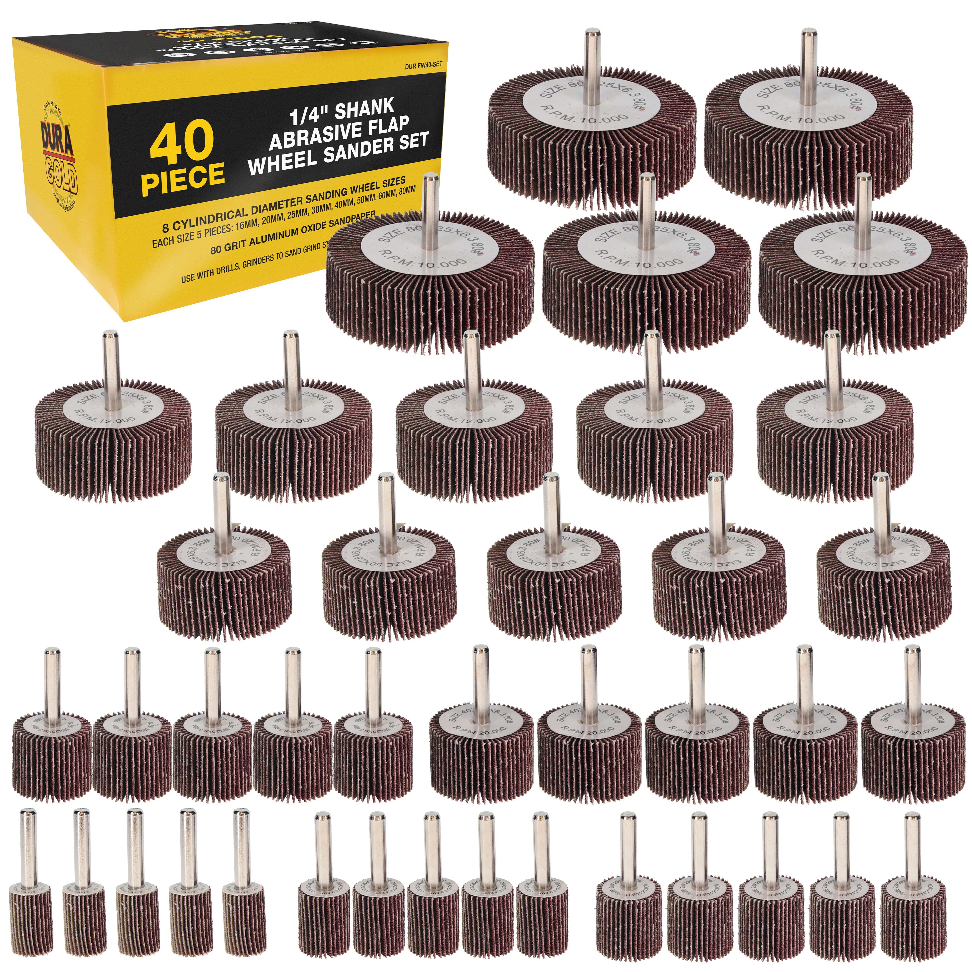 DuraGold 40Piece 1/4" Shank Abrasive Flap Wheel Sander Set, 80 Grit
