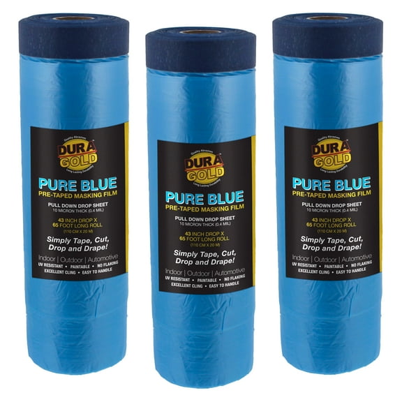 Dura-Gold 43" Wide x 65' Long Roll of Pure Blue Pre-Taped Masking Film, 3 Pack - Pre-Folded Overspray Paintable Plastic Protective Sheeting, Pull Down Drop Sheet - Auto Painting, Cover Walls Furniture