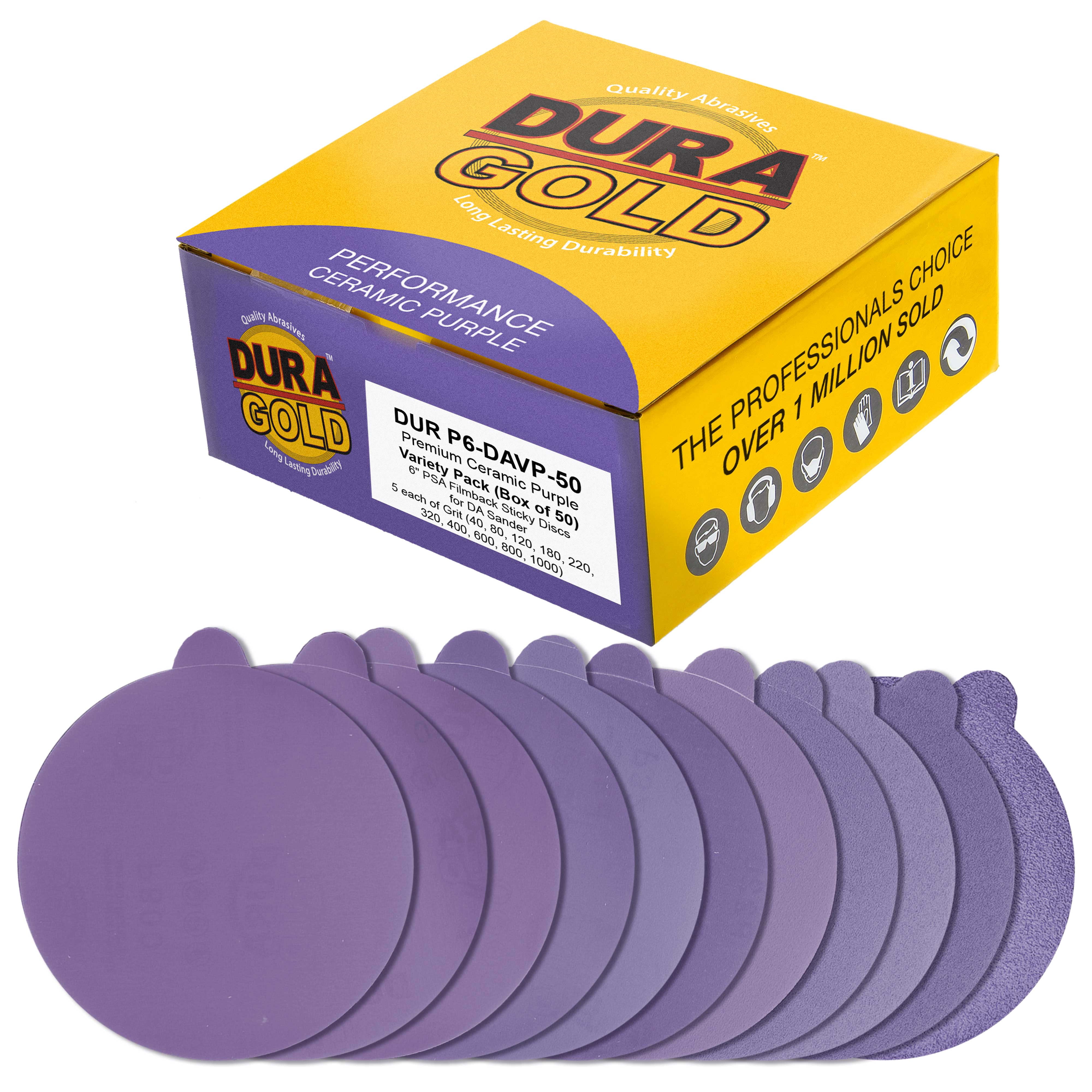 Dura-Gold 6" PSA Purple Film Ceramic Sanding Discs, 50 Disc Variety Pack, Grits 60, 80, 120, 180, 220, 320, 400, 600, 800, 1000 - Self Adhesive Stickyback Sandpaper, DA & Random Orbital Sander