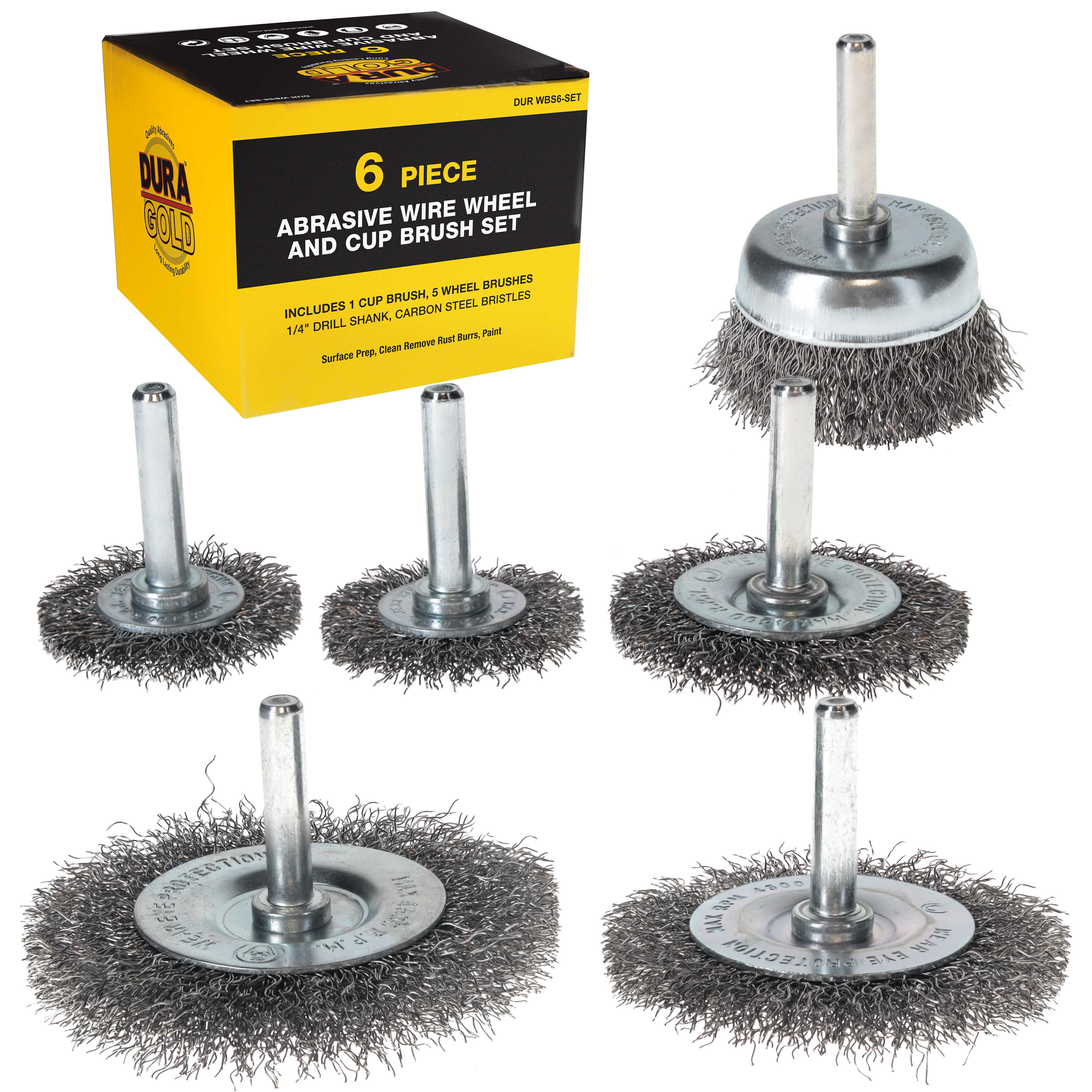 Dura-Gold 6-Piece Abrasive Wire Wheel and Cup Brush Set, 1/4" Drill