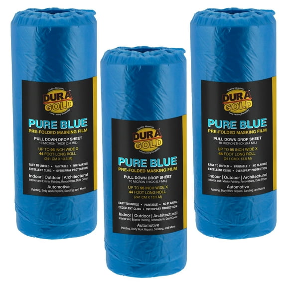 Dura-Gold 95" Wide x 44' Long Roll of Pure Blue Pre-Folded Making Film, 3 Pack - Overspray Paintable Plastic Protective Sheeting, Pull Down Drop Sheet, Auto Painting, Cover Cloth Home Walls Furniture