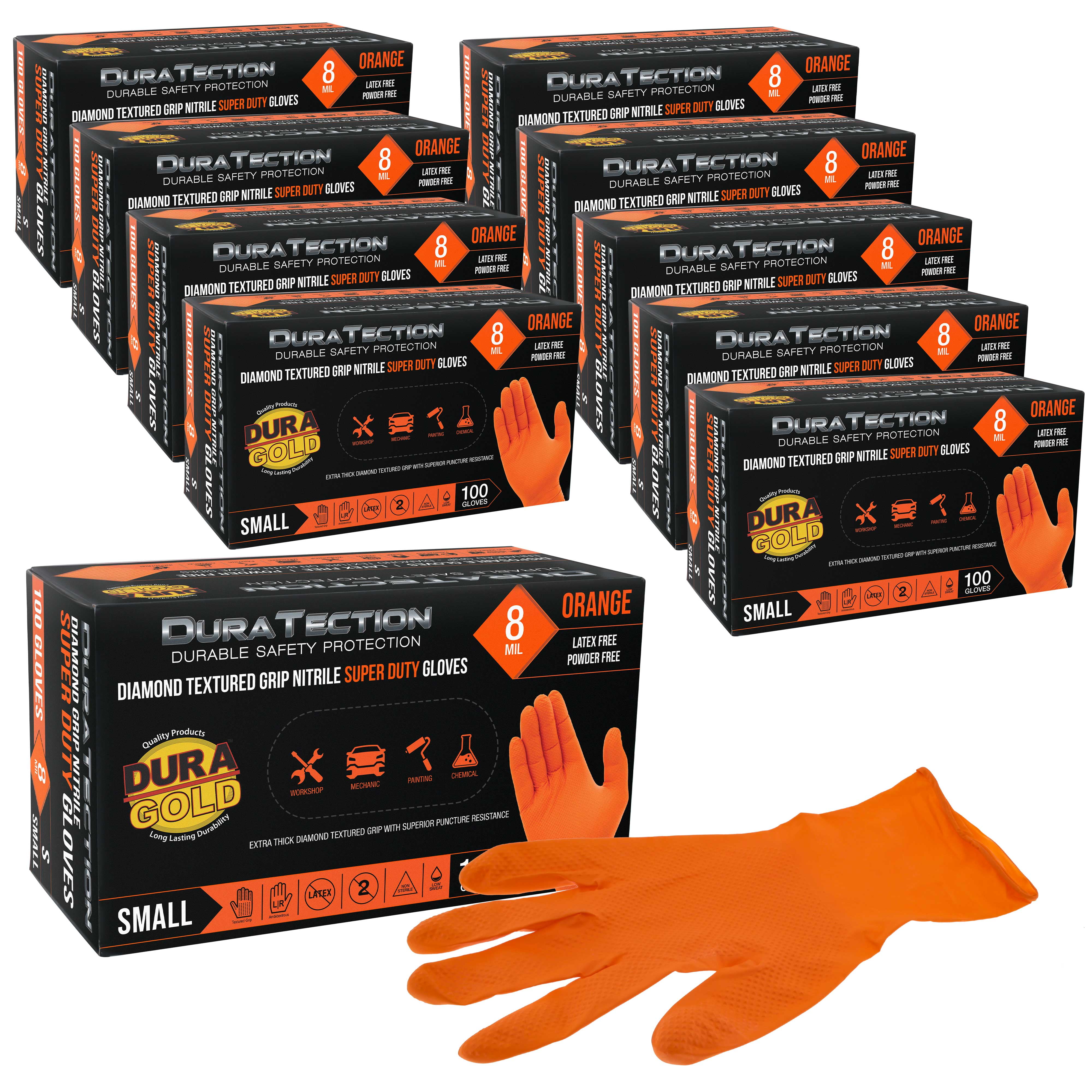 Dura-Gold Duratection 8 Mil Orange Super Duty Diamond Textured Nitrile Disposable Gloves, 10 Boxes of 100, Small - Latex Free, Powder Free, Food Safe, Safety Protection Work Gloves, Industrial