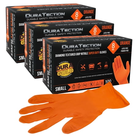 Dura-Gold Duratection 8 Mil Orange Super Duty Diamond Textured Nitrile Disposable Gloves, 3 Boxes of 100, Small - Latex Free, Powder Free, Food Safe, Safety Protection Work Gloves, Industrial