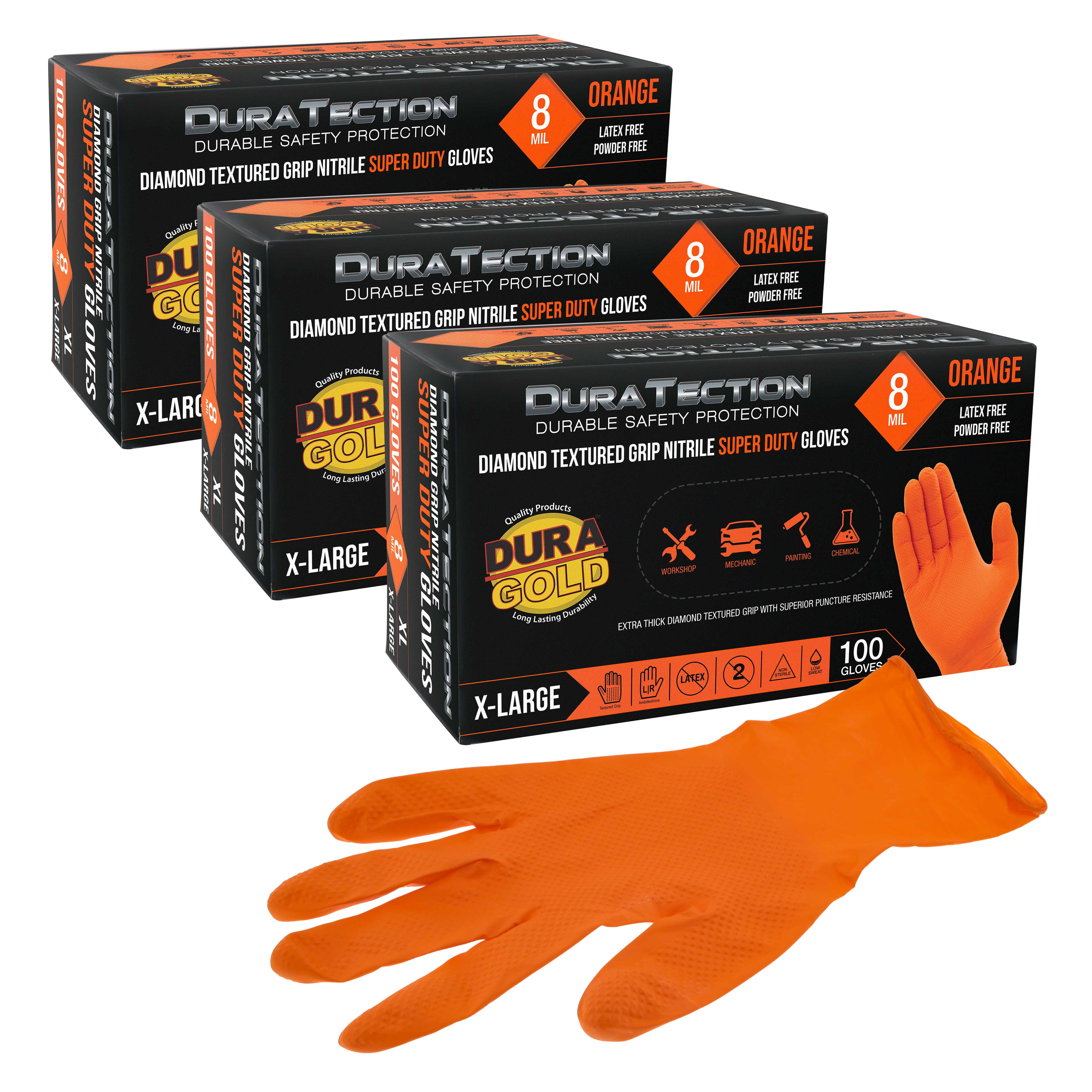 Dura-Gold Duratection 8 Mil Orange Super Duty Diamond Textured Nitrile Disposable Gloves, 3 Boxes of 100, X-Large - Latex Free, Powder Free, Food Safe, Safety Protection Work Gloves, Industrial