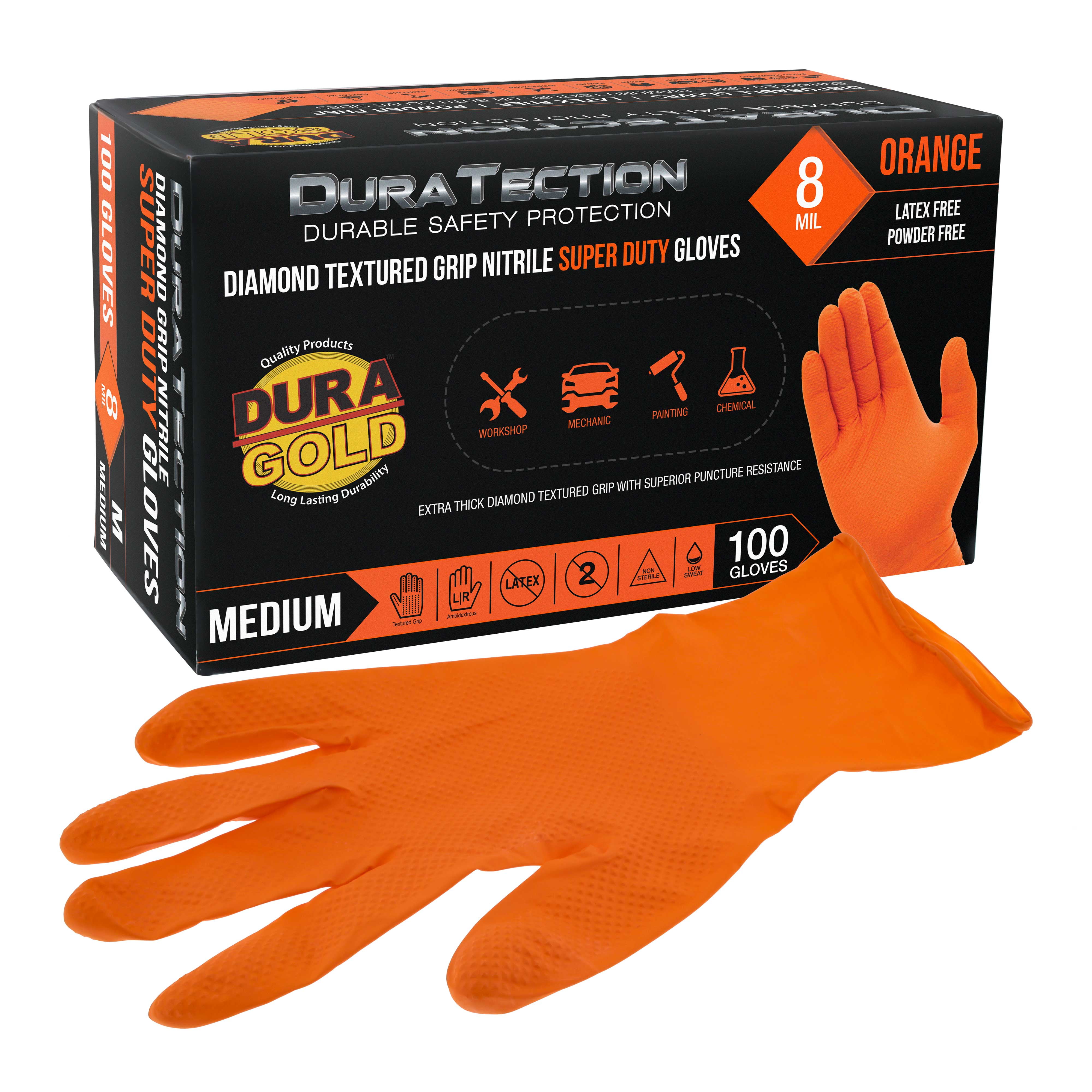 Dura-Gold Duratection 8 Mil Orange Super Duty Diamond Textured Nitrile Disposable Gloves, Box of 100, Medium - Latex Free, Powder Free, Food Safe, Safety Protection Work Gloves, Mechanical