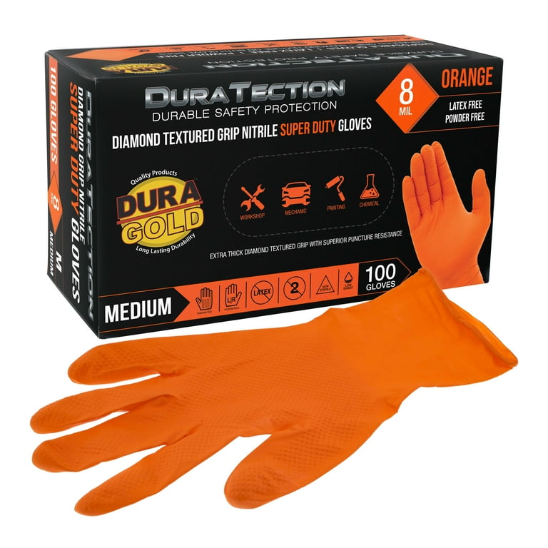 Dura-Gold Mil Orange Nitrile Gloves, Diamond Textured, Latex