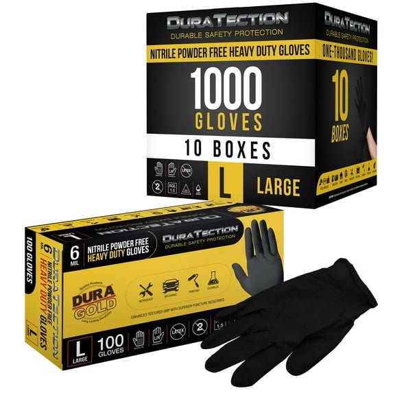 Dura-Gold HD Black Nitrile Disposable Gloves, 10 Boxes of 100, Size Large, 6 Mil - Latex Free, Powder Free, Textured Grip, Food Safe