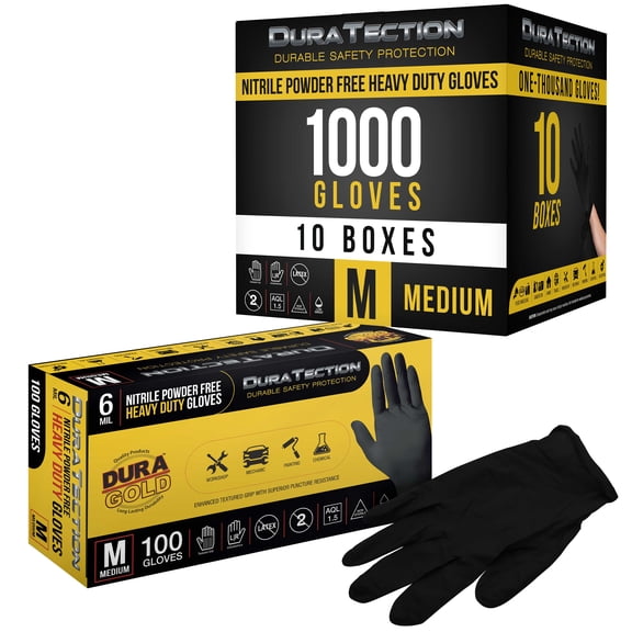 Dura-Gold HD Black Nitrile Disposable Gloves, 10 Boxes of 100, Size Medium, 6 Mil - Latex Free, Powder Free, Textured Grip, Food Safe