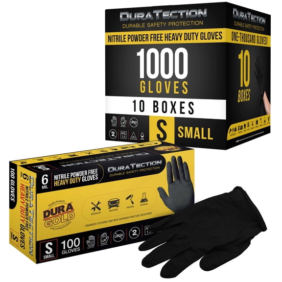 Dura-Gold HD Black Nitrile Disposable Gloves, 10 Boxes of 100, Size Small, 6 Mil - Latex Free, Powder Free, Textured Grip, Food Safe