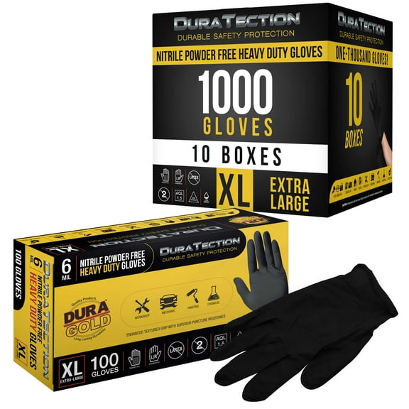 Dura-Gold HD Black Nitrile Disposable Gloves, 10 Boxes of 100, Size X-Large, 6 Mil - Latex Free, Powder Free, Textured Grip, Food Safe