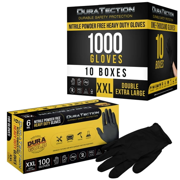 Dura-Gold HD Black Nitrile Disposable Gloves, 10 Boxes of 100, Size XX-Large, 6 Mil - Latex Free, Powder Free, Textured Grip, Food Safe