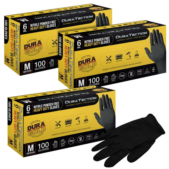 Dura-Gold HD Black Nitrile Disposable Gloves, 3 Boxes of 100, Size Medium, 6 Mil - Latex Free, Powder Free, Textured Grip