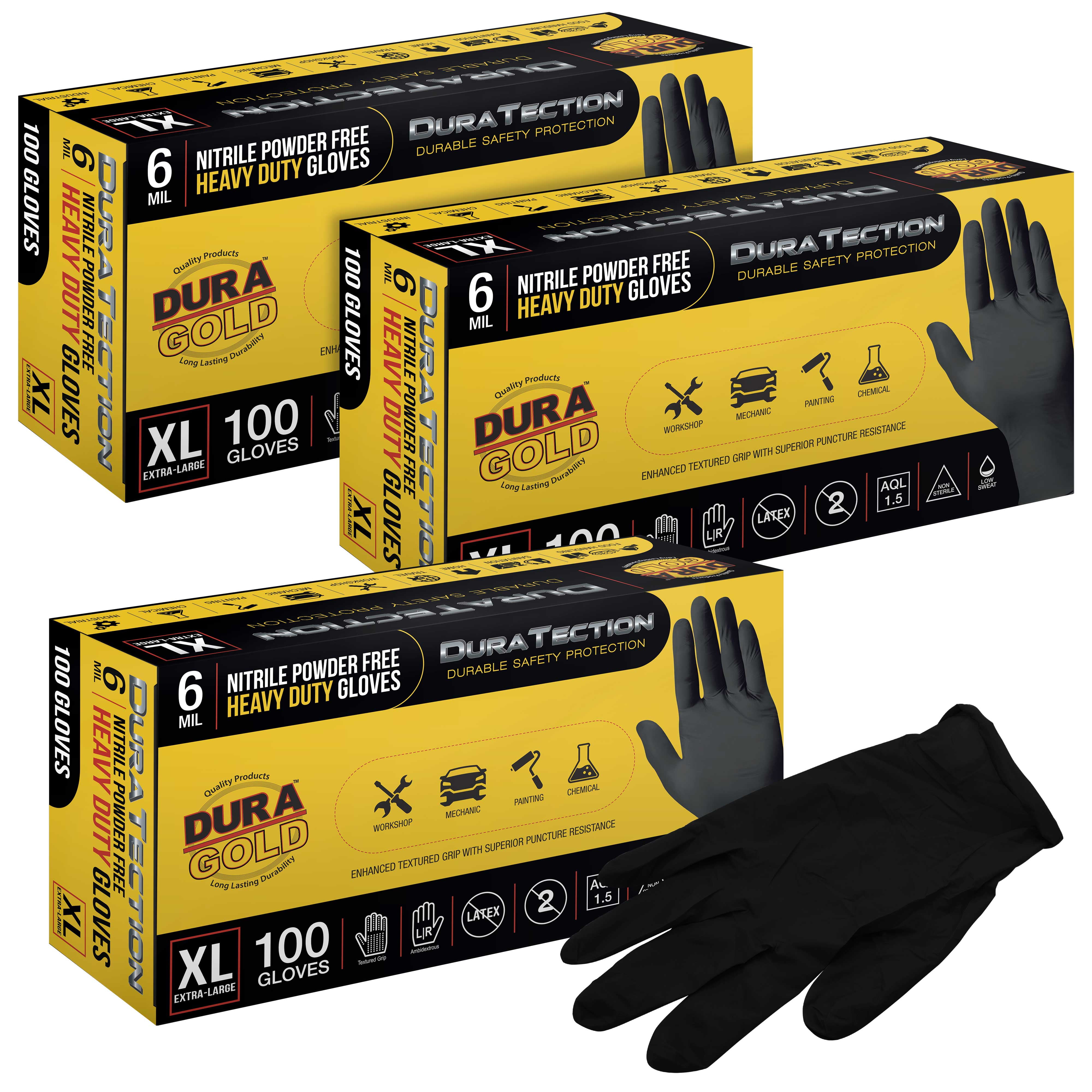 Dura-Gold HD Black Nitrile Disposable Gloves, 3 Boxes of 100, Size X-Large, 6 Mil - Latex Free, Powder Free, Textured Grip