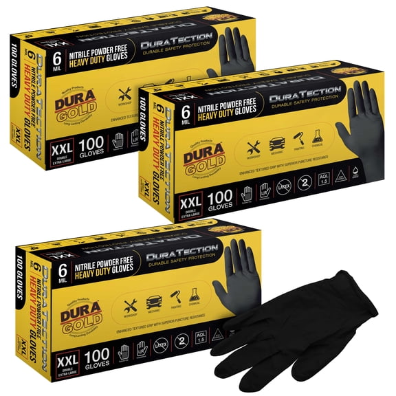 Dura-Gold HD Black Nitrile Disposable Gloves, 3 Boxes of 100, Size XX-Large, 6 Mil - Latex Free, Powder Free, Textured Grip