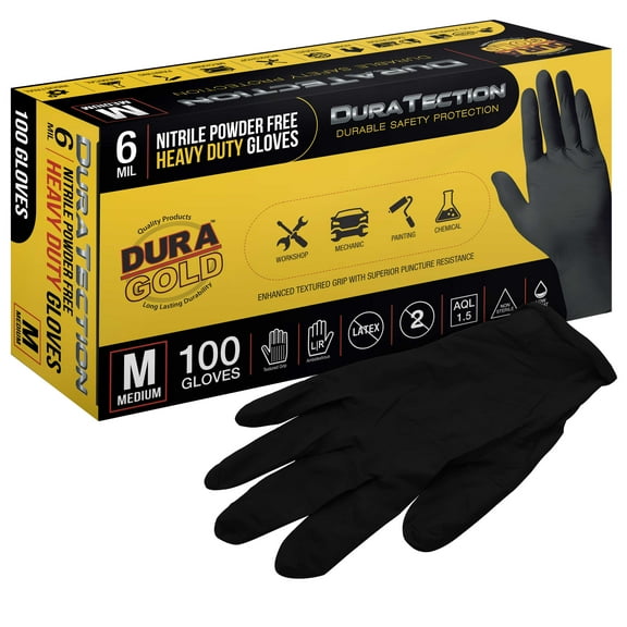 Dura-Gold HD Black Nitrile Disposable Gloves, Box of 100, Size Medium, 6 Mil - Latex Free, Powder Free, Textured Grip, Food Safe