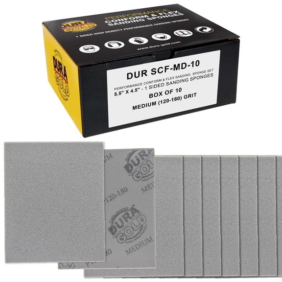 Dura-Gold Medium Cut Sanding Sponges, Box of 10 - 5.5" x 4.5" (120 to 180 Grit) Performance Conform & Flex Wet or Dry Flexible Softback Sandpaper Sponges, Hand Block Pad, Wood Drywall Auto Paint