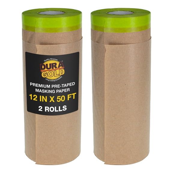 Dura-Gold Pre-Taped Masking Paper for Painting (12" x 50', 2 Rolls) - Tape and Drape Painters Paper, Protective Covering, Overspray Barrier for Home Renovation Projects, Walls Doors, Furniture, Cars