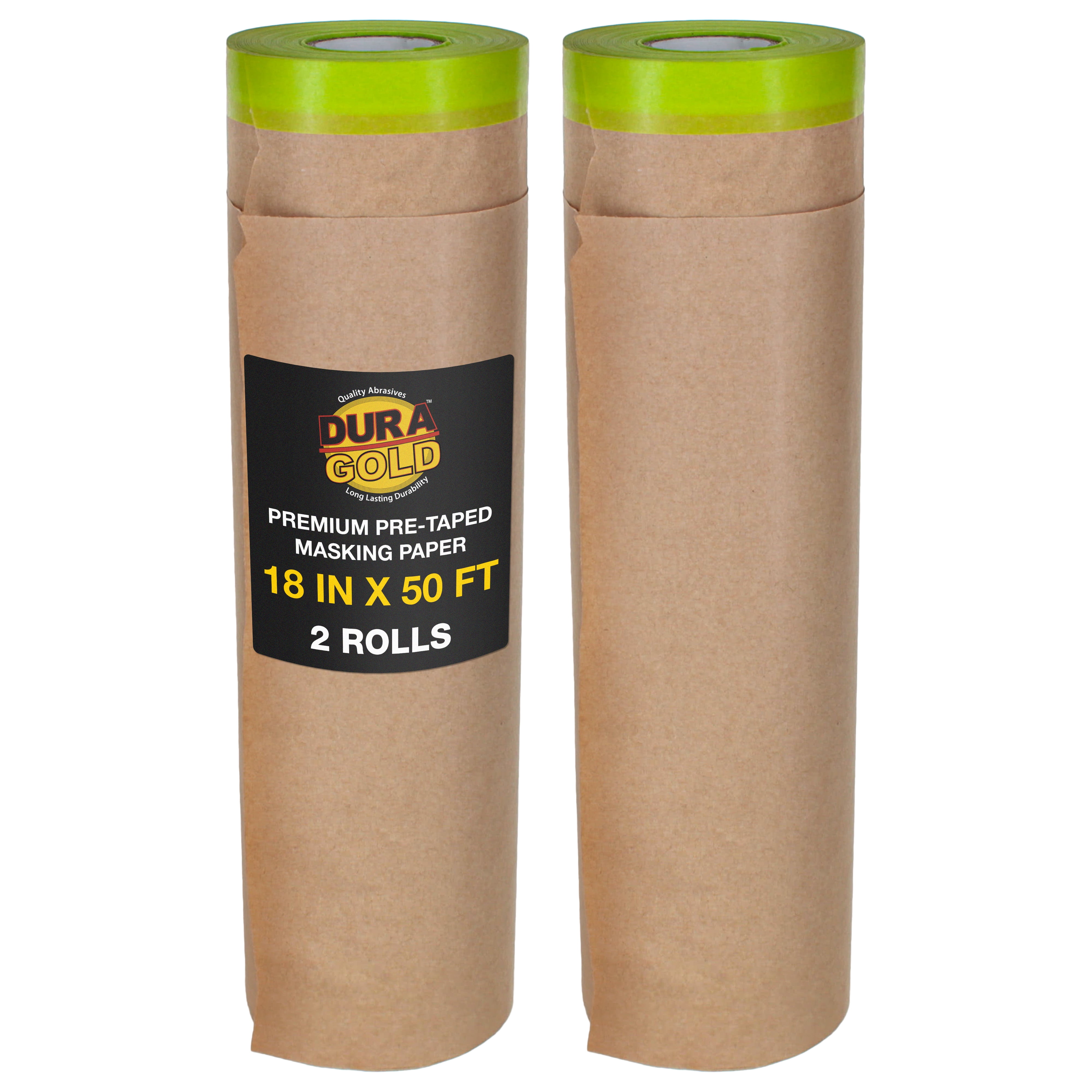 Dura-Gold Pre-Taped Masking Paper for Painting (18" x 50', 2 Rolls) - Tape and Drape Painters Paper, Protective Covering, Overspray Barrier for Home Renovation Projects, Walls Doors, Furniture, Cars