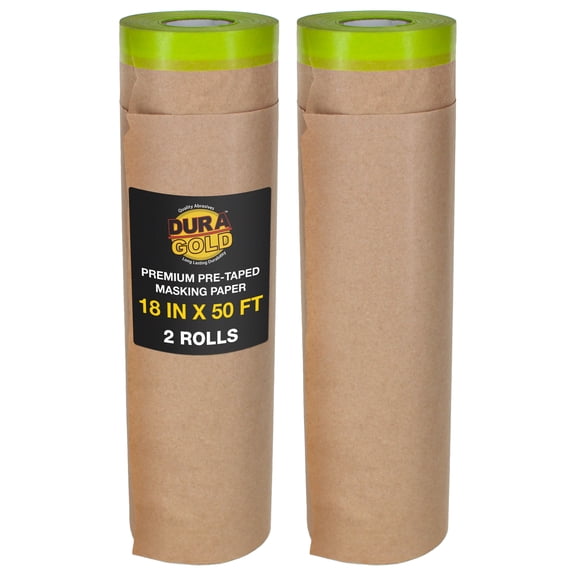 Dura-Gold Pre-Taped Masking Paper for Painting (18" x 50', 2 Rolls) - Tape and Drape Painters Paper, Protective Covering, Overspray Barrier for Home Renovation Projects, Walls Doors, Furniture, Cars