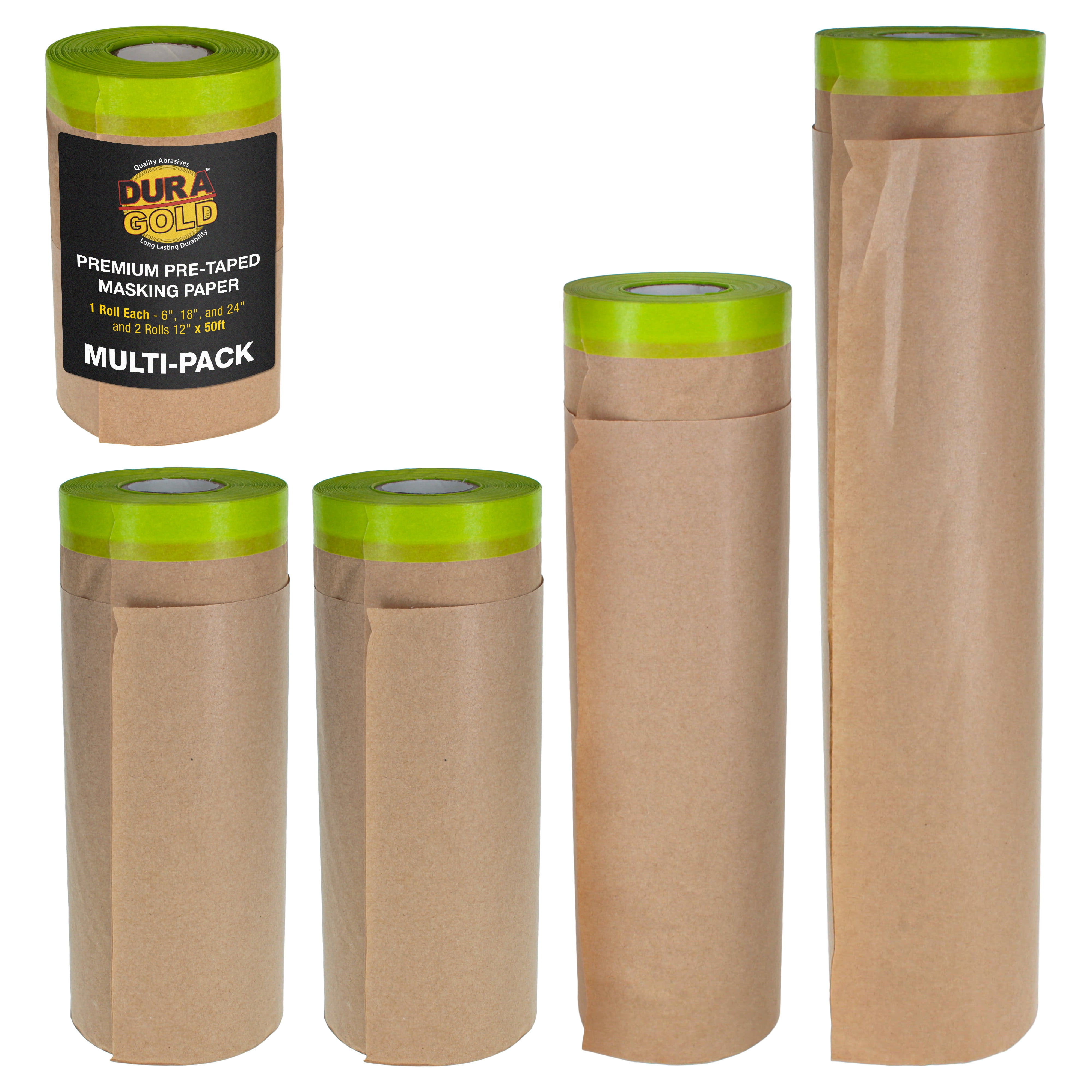 Dura-Gold Pre-Taped Masking Paper for Painting (Variety Pack 6", 12", 18", 24" x 50' Rolls) Tape and Drape Painters Paper, Protective Covering, Overspray Barrier, Home Renovation, Walls Furniture