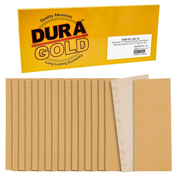 Dura-Gold Premium 1/2 Sheet Gold Sandpaper Sheets, 180 Grit (Box of 16) - Wood Furniture Woodworking - 4.5" x 11" Size Hook & Loop Backing Sheets - for Sanders, Hand Sanding Block Tools, Auto Paint