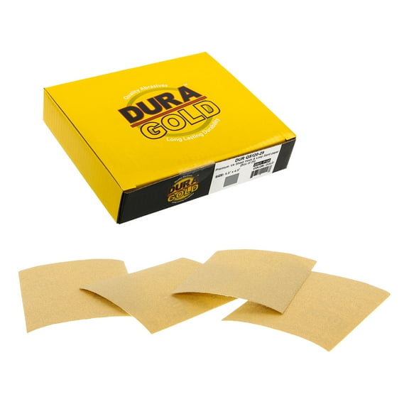 Dura-Gold Premium 1/4 Sheet Gold Sandpaper Sheets, 120 Grit (Box of 25) - 4.5" x 5.5" Size Hook & Loop Backing, Wood Furniture Woodworking, Auto Paint - for Palm Sanders, Clip-On, Hand Sanding Blocks