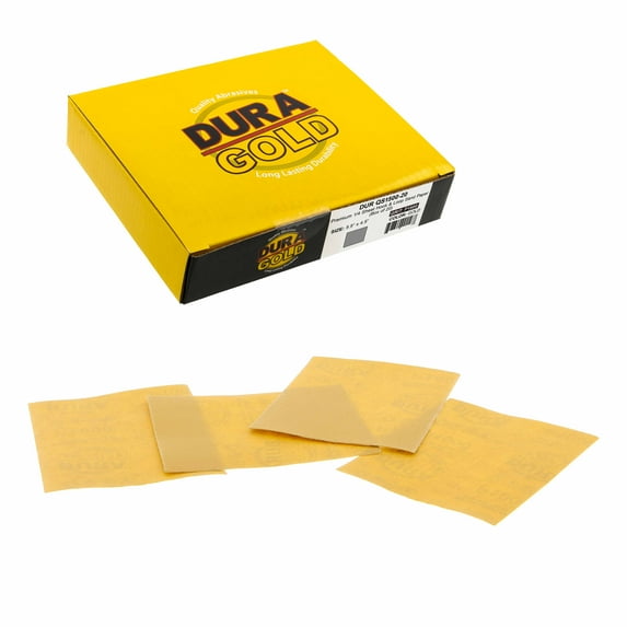 Dura-Gold 1/4 Sheet Gold Sandpaper Sheets, 1500 Grit (Box of 20) - 4.5" x 5.5" Size Hook & Loop Backing, Wood Furniture Woodworking, Auto Paint - For Palm Sanders, Clip-On, Hand Sanding Blocks